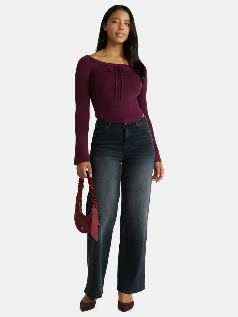 Madden NYC Women's Ribbon Top with Long Sleeves, Sizes XXS-XXL | Walmart (US)