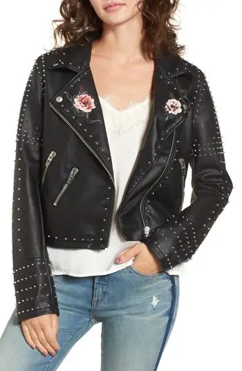 Women's Blanknyc Printed Studded Moto Jacket, Size X-Small - Black | Nordstrom