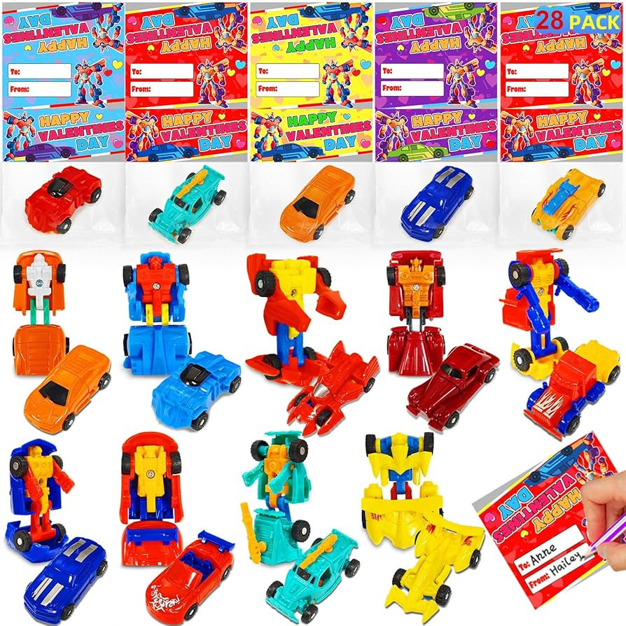28 Pack Valentines Day Gifts for Kids, Transforming Car Robot Toys with Valentines Day Cards for ... | Amazon (US)