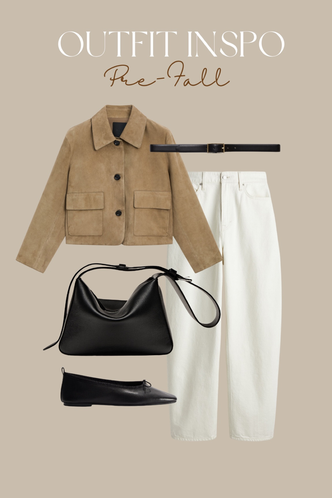 Brown seude jacket, black leather belt, small belt, white barrel jeans, black leather bag, black ballet flats, black ballerinas 

#LTKstyletip #LTKshoes #LTKautumn