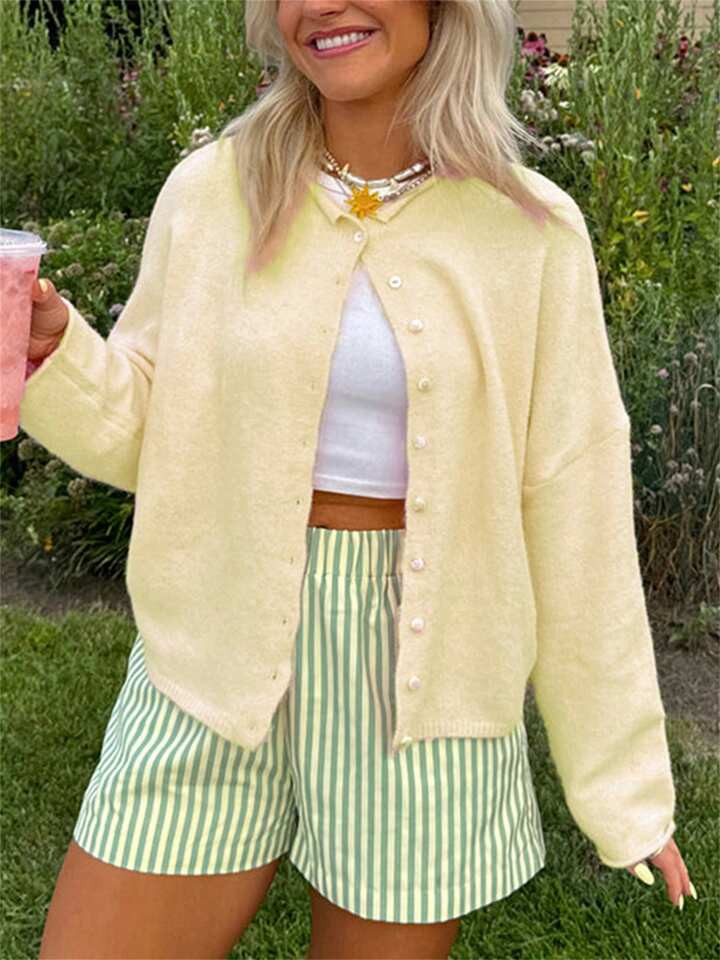 Women's Solid Color Knit Cardigan Fuzzy Long Sleeve Button-Front Closure Sweaters | SHEIN