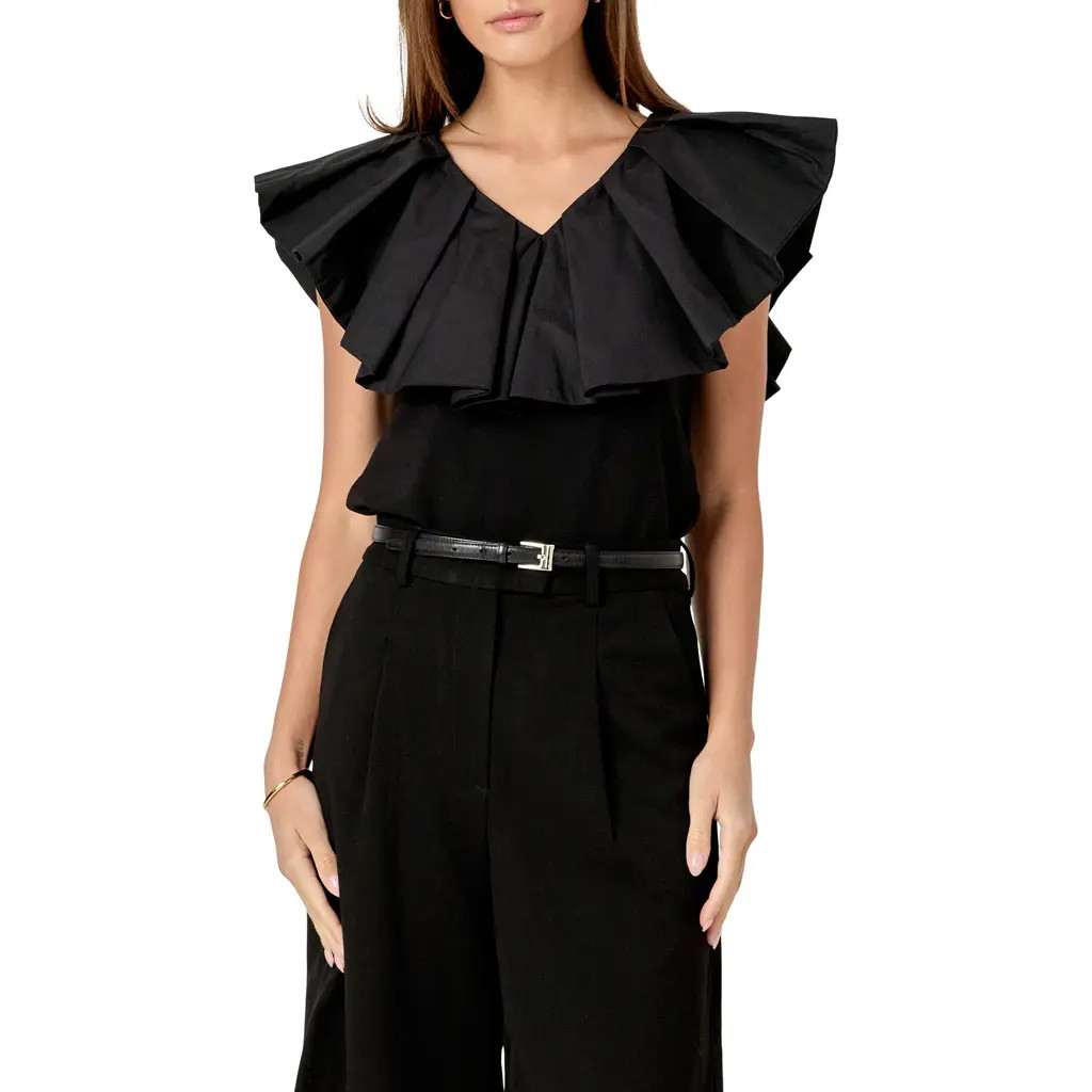 English Factory Mixed Media Ruffle Sleeveless Top in Black at Nordstrom, Size X-Small | Nordstrom