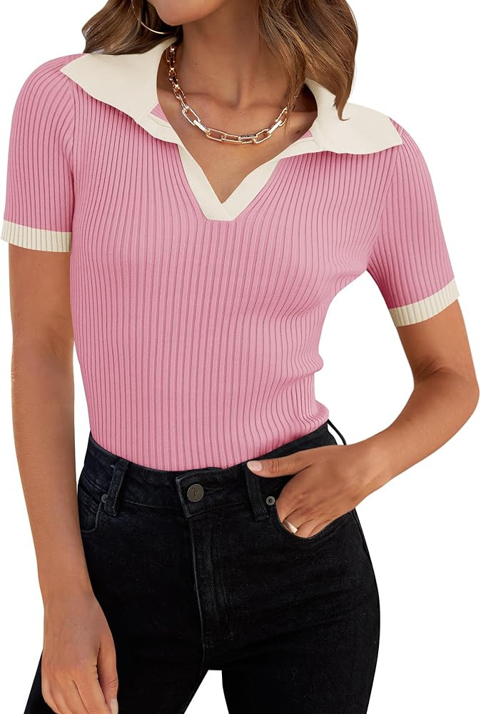 ZESICA Women's Short Sleeve V Neck T Shirts 2026 Summer Ribbed Knit Slim Fitted Basic Solid Color... | Amazon (US)