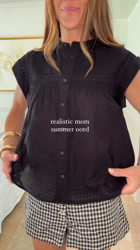 Realistic mom outfit idea featuring this target top that’s now on sale for $17!! A great mix of multiple price points  summer outfit idea. Summer shorts. Black gingham shorts. Summer tops 

#LTKVideo #LTKFindsUnder50 #LTKStyleTip