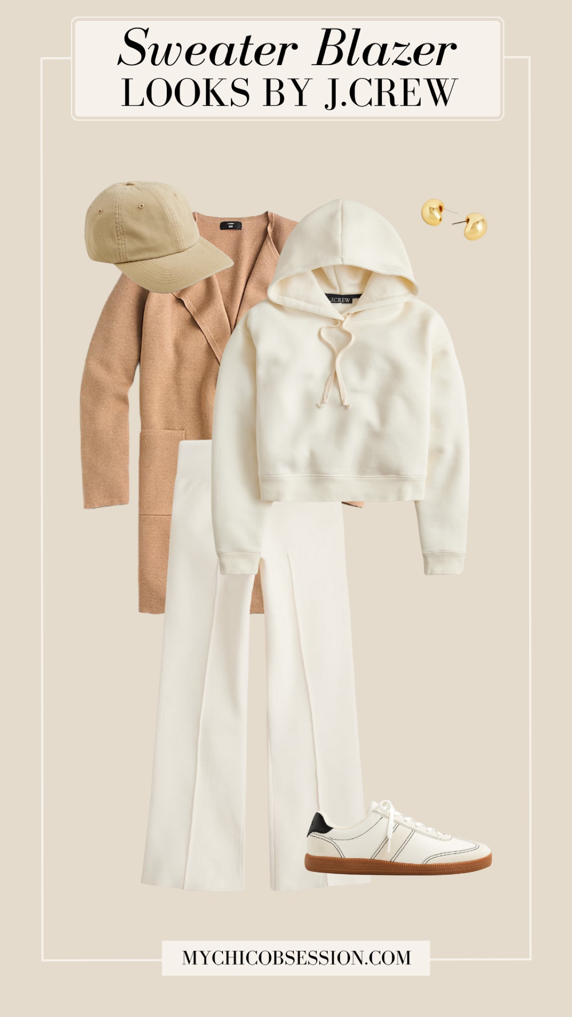 Dress down the J.Crew sweater blazer with a hooded sweatshirt and sweater kick out crop pants. Sneakers, a khaki baseball cap and gold earrings complete the look.

#LTKStyleTip #LTKShoeCrush #LTKSeasonal