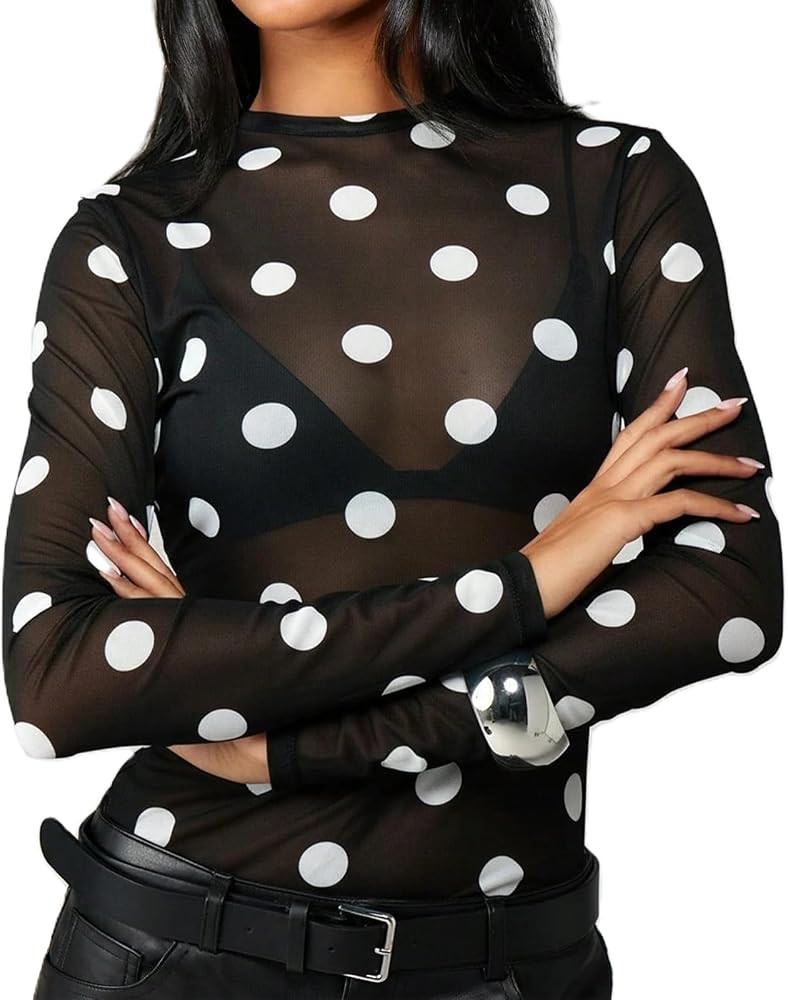 Women's Polka Dots Sheer Mesh Top Long Sleeve Round Neck Slim Fitted See Through Streetwear Clubw... | Amazon (US)