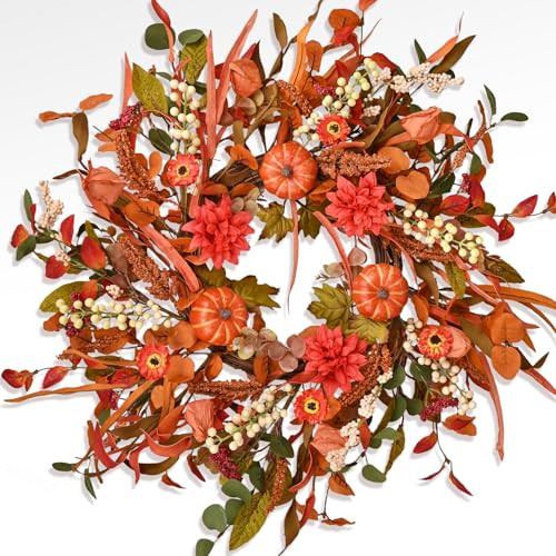 24" Pumpkin Fall Wreath with Colorful Mixed Leaves, Autumn Wildflower Artificial Wreath with Berry for Thanksgiving Halloween Front Door Home Wall Farmhouse Holiday Outdoor Indoor Décor | Amazon (US)