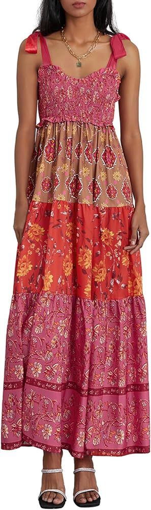 Women Floral Boho Maxi Dress Tie Shoulder Sleeveless Smoked Chest Tiered Flowy Dress Sweetheart y... | Amazon (US)