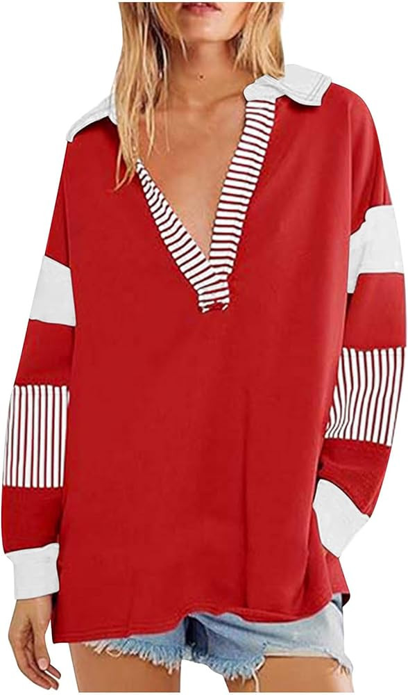 Womens Oversized Sweatshirts 2024 Fall Color Block V Neck Long Sleeve Casual Loose Fit Pullover T... | Amazon (US)