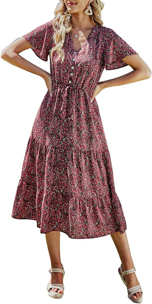 PRETTYGARDEN Women's Floral Boho Dress Casual Short Sleeve V Neck Ruffle Tiered 2024 Summer Swing... | Amazon (US)