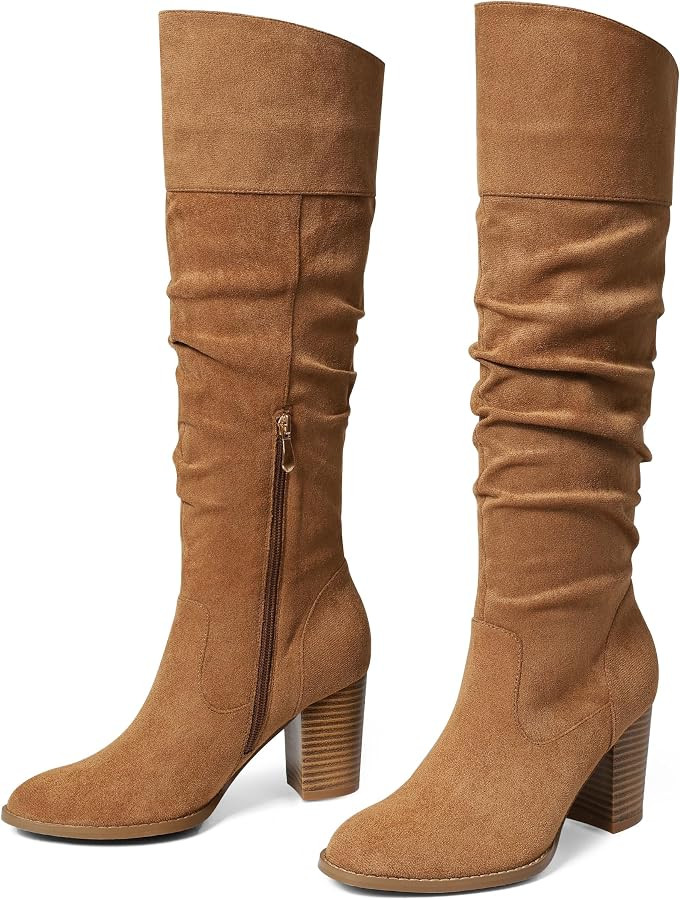 MeiLuSi Women's Slouchy Knee High Boots Suede Fall Boots Round Toe Chunky Heel Boots Warm Winter ... | Amazon (US)