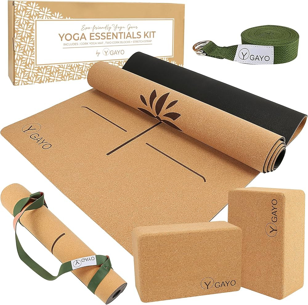 Gayo Premium Cork All-in-One Yoga Essentials Kit -Large Cork Yoga Mat and Blocks Set with Carry Strap and Alignment lines, 10ft Yoga Stretch Strap, Your Ultimate Eco-Friendly Yoga Starter Set | Amazon (US)