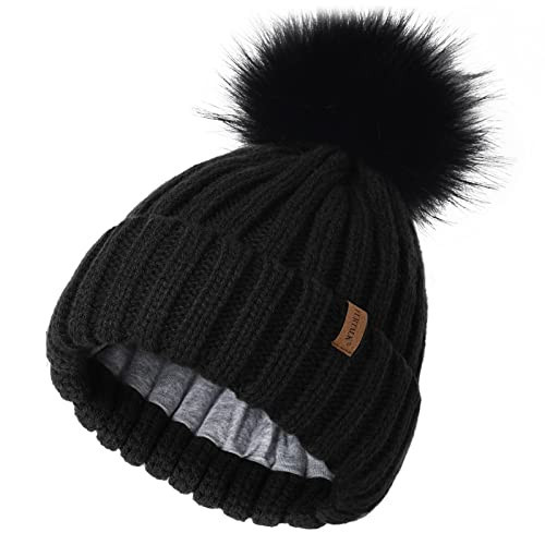 FURTALK Kids Winter Hat Toddler Knitted Beanie with Faux Fur Pom Poms for Baby Girls Boys Black with Black Pom,8-12 Years | Amazon (US)