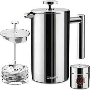 MuellerLiving French Press Coffee Maker, 34 oz, Stainless Steel, 4 Filters, Double Insulated, Rus... | Amazon (US)