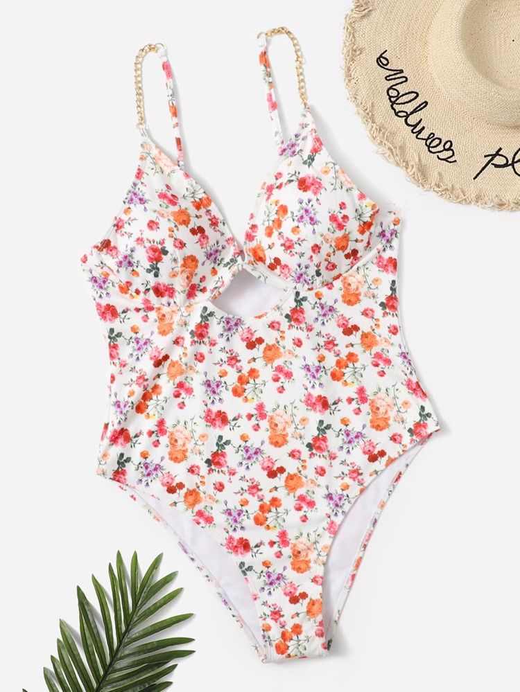 Plus Floral Print Cut Out Push Up One Piece Swimsuit | SHEIN