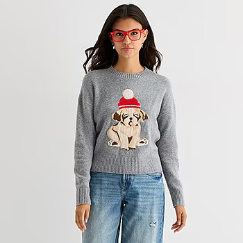 Arizona Juniors Womens Crew Neck Long Sleeve Animal Pullover Sweater, Color: Med Htr Gray - JCPen... | JCPenney