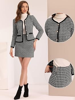 Allegra K Business Suit Set for Women's 2 Piece Outfits Plaid Tweed Short Blazer Jacket and Skirt... | Amazon (US)