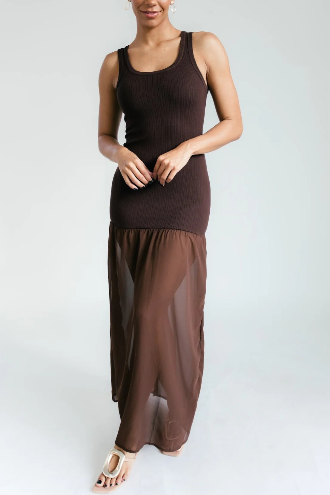 Carson Sheer Contrast Maxi Dress - Brown | THELIFESTYLEDCO