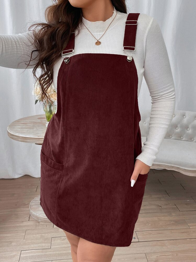 Flirla Plus Patched Pocket Cord Overall Dress Without Tee, Winter Burgundy Corduroy Women Outfit | SHEIN