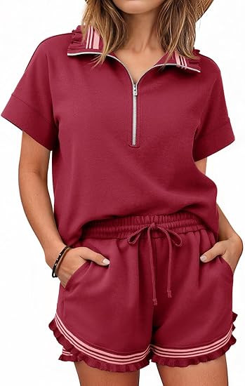 Aoysky 2 Piece Outfits Short Sets for Women Sweatsuit Casual Tracksuits Summer Half Zip Ruffle To... | Amazon (US)