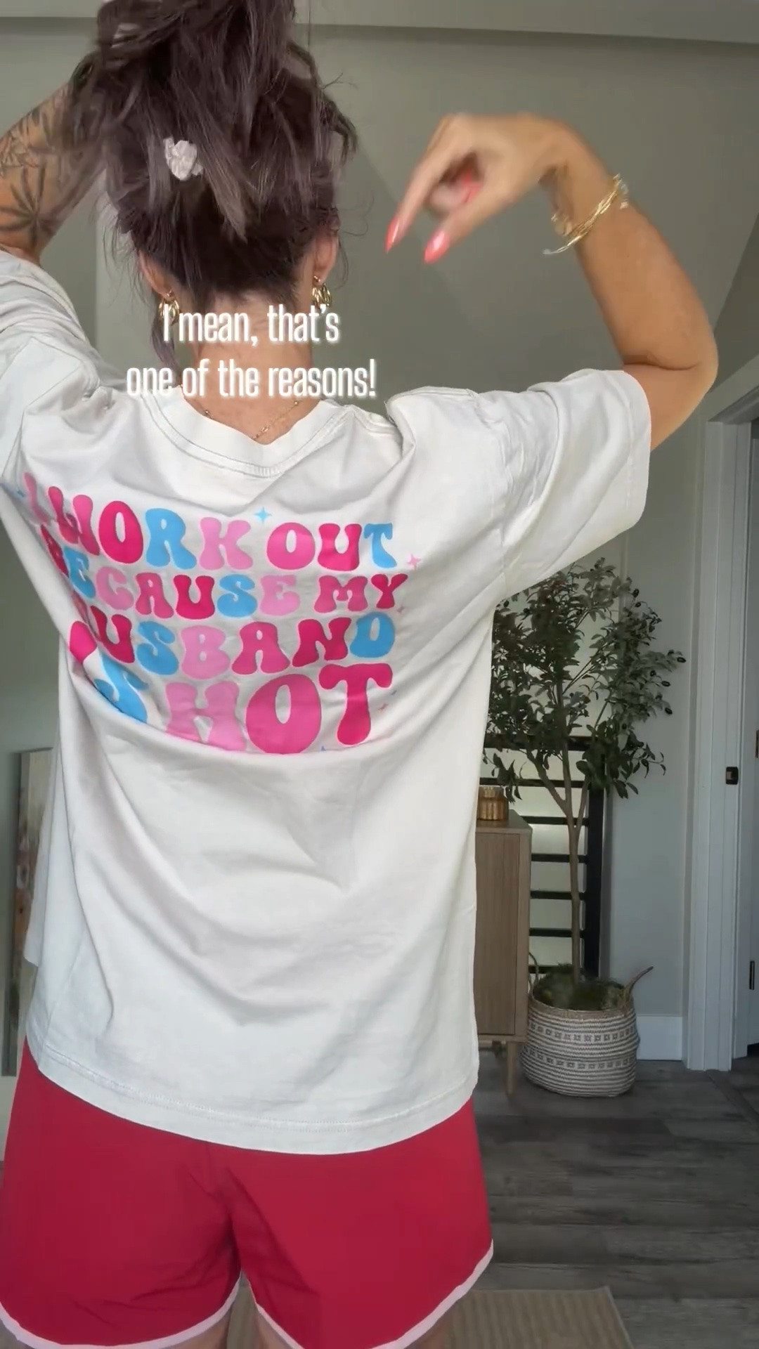 New t for the gym says: I work out because my husband is hot. Very true. 😉 wearing size L. Shorts are from a two piece active set, size M.

#LTKOver40

#LTKfitnessgoals #LTKmomlife