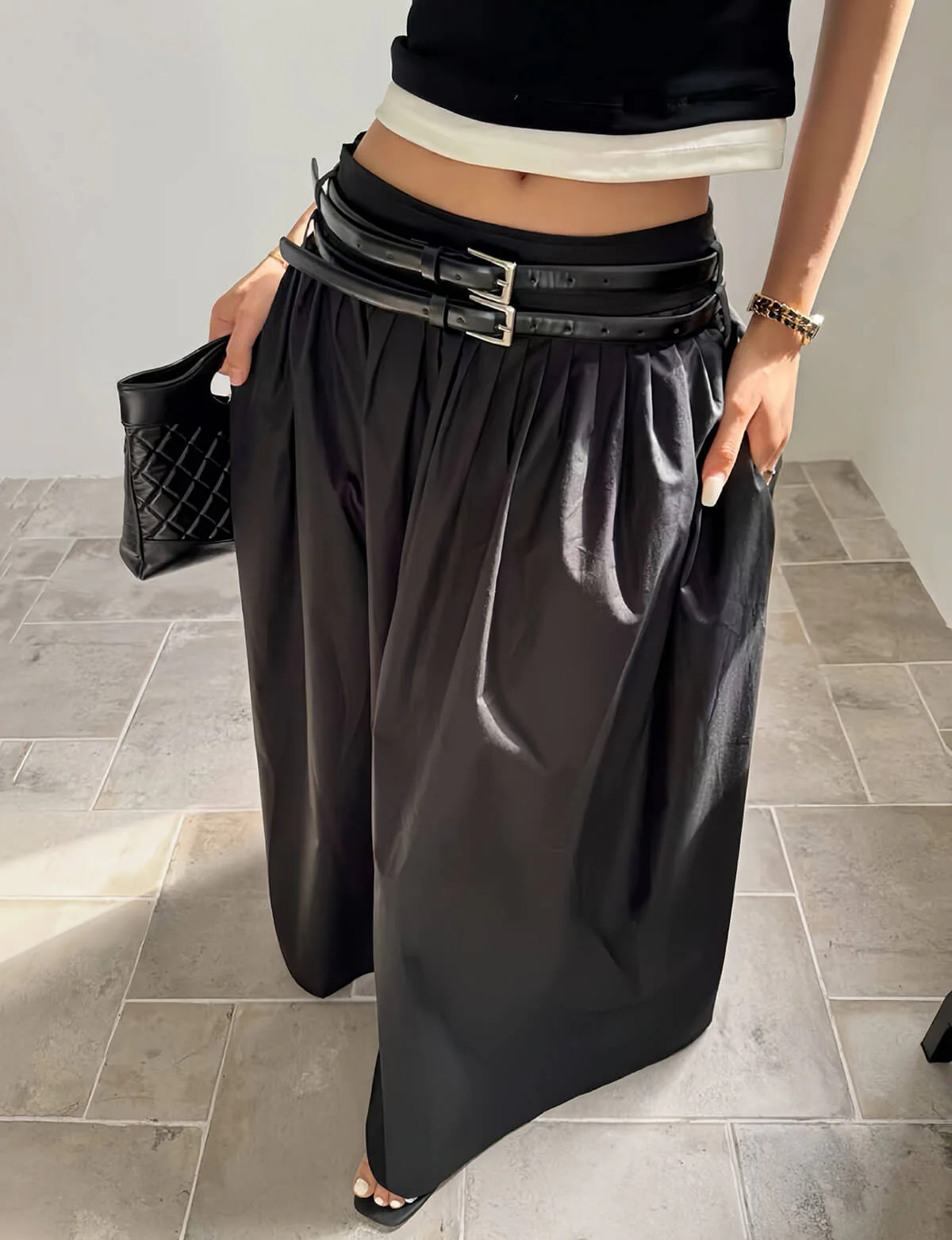 Thea Black Double Belted Maxi Skirt | Pixie Market