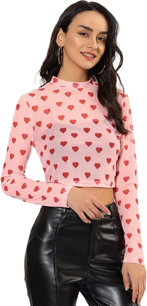Allegra K Women's Semi-Sheer Sexy Blouse Heart Print Crop Tops Valentine's Day Party Mesh Top | Amazon (US)