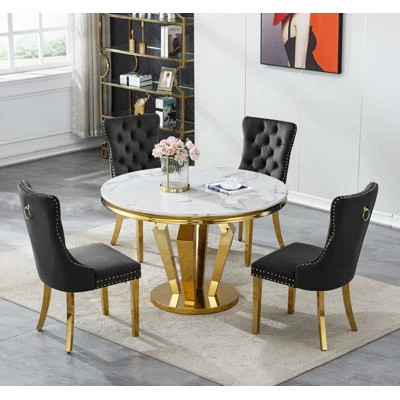 Round Dining Table Set, White Faux Marble Dining Table & Velvet Chairs with Stainless Steel Pedestal, 44.88" Dining Room Table and Chairs Set, Circle | Wayfair North America