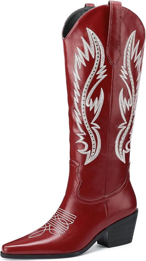 LingxiaUne Cowboy Boots For Women Sparkly Cowgirl Knee High Boots With Unique Embroidery And Chun... | Amazon (US)
