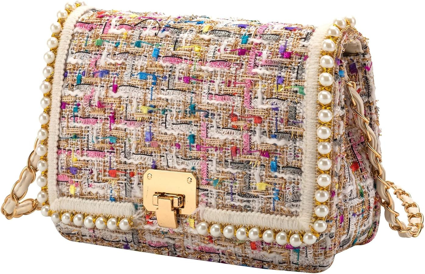 Shoulder Bag Chain Purse for Women, Fashion Clutch Crossbody Bag Retro Tweed Pearl Underarm Bag S... | Amazon (US)