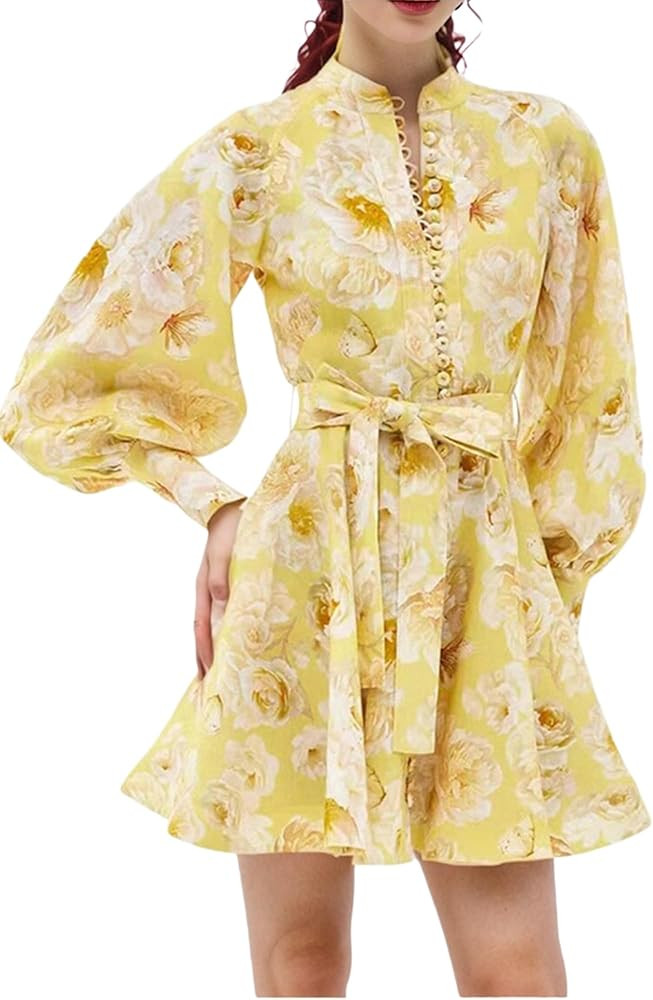 Women Floral Print Midi Dress Ruffled Placket Puff Sleeve Casual Occasions Gown Female Daily Outi... | Amazon (US)