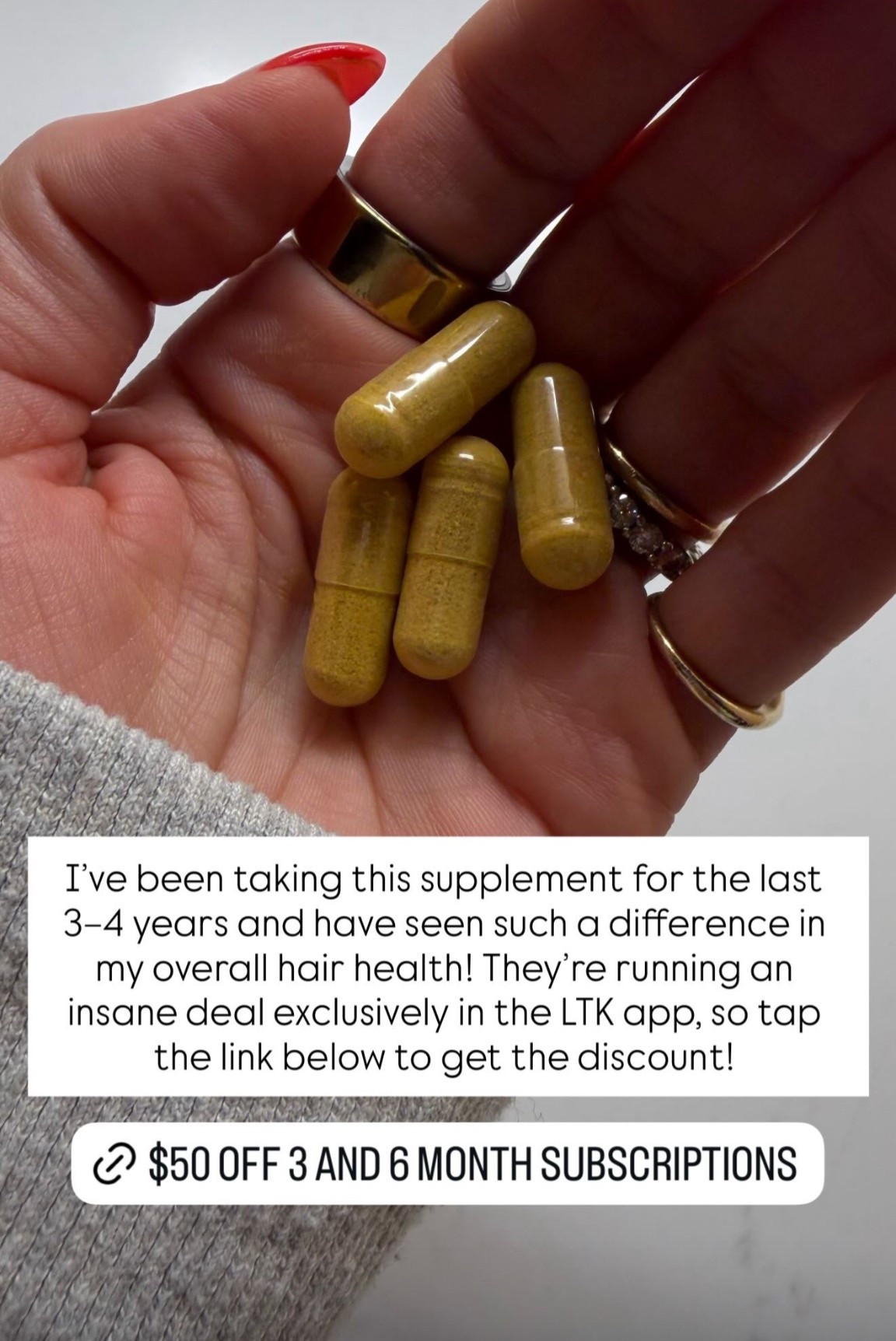 I’ve been taking this supplement for the last 3–4 years and have seen such a difference in my overall hair health! They’re running an insane deal exclusively through the LTK app, don’t miss out!!

#LTKSpringSale #LTKselfcare #LTKmomlife