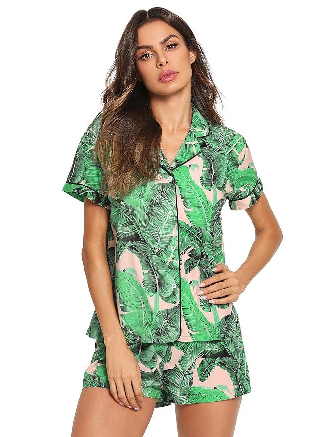 Floerns Women's Notch Collar Palm Leaf Print Sleepwear Two Piece Pajama Set | Amazon (US)