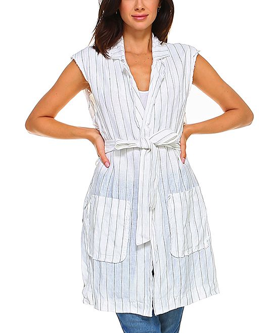 Morning Apple Women's Button Down Shirts Stripe - White Pinstripe Sleeveless Tie-Waist Shirt Dress - | Zulily