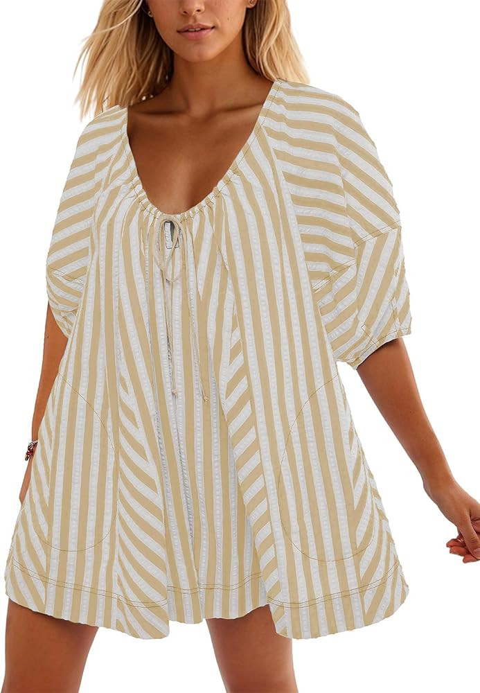 Women Casual Irregular Striped Romper Puff Sleeve Scoop Neck Loose Keyhole Button Back Wide Leg S... | Amazon (US)