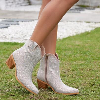 Rhinestone Cowboy Boots For Women Chunky Heel Short Glitter Boots Pointed Toe Cowgirl Blingbling Sparkly Western Ankle Boots For Party Wedding Bridal | SHEIN