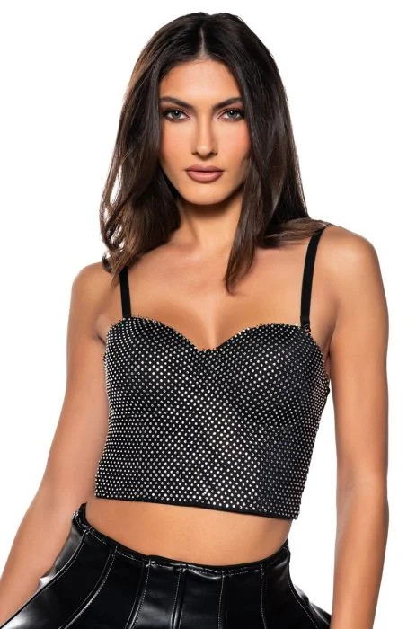 ON MY LEVEL RHINESTONE CORSET TOP in black | AKIRA