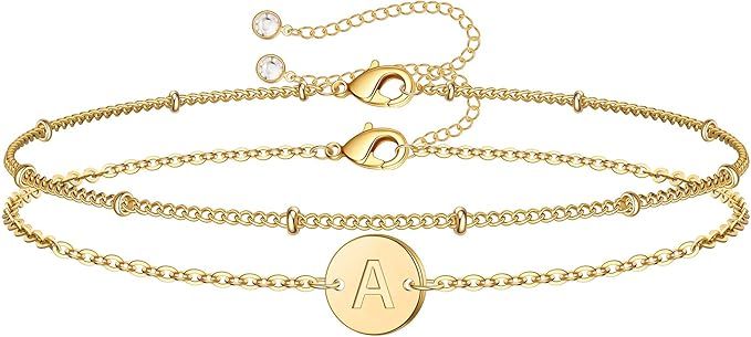 Gold Initial Bracelets for Women Girls, Dainty 14K Gold Filled Layered Beaded Letter Initial Brac... | Amazon (US)