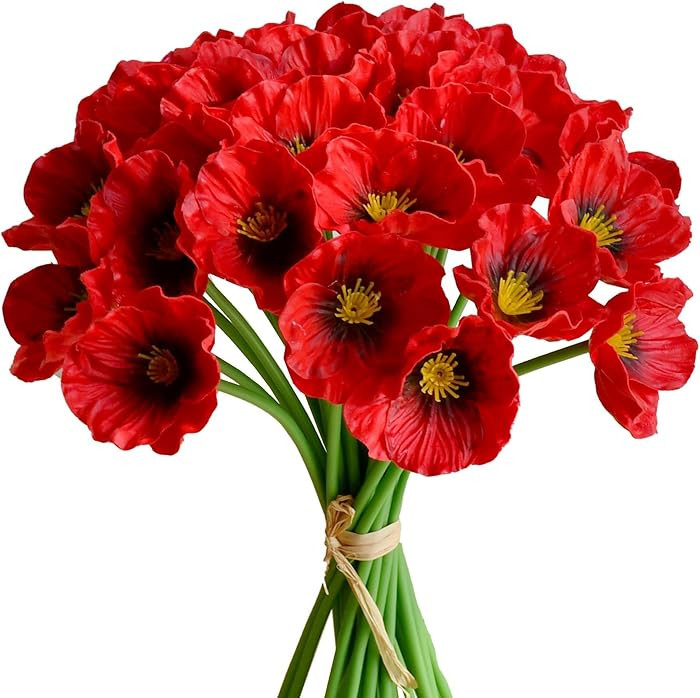 Mandy's PU Red Poppy Artificial Flowers 30 Stems 11.6" Realistic Faux Flowers for Thanksgiving an... | Amazon (US)