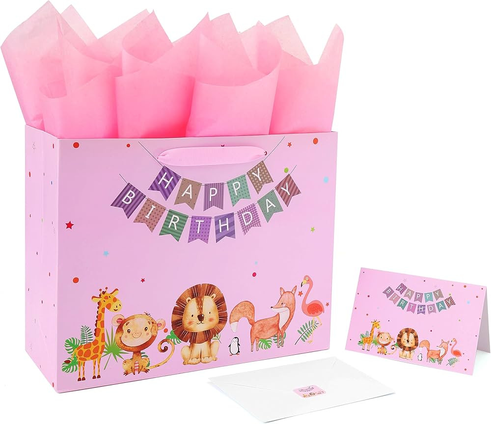 13" Large Pink Gift Bag Set with Greeting Card and Tissue Papers (Animal and Happy Birthday) for ... | Amazon (US)