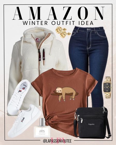 Elevate your casual charm with our Amazon ensemble! Slip into a comfy tee paired with sleek skinny jeans, topped off by a stylish jacket. Complete the look with classic white sneakers, a practical body bag, subtle stud earrings, and a timeless watch. Effortless style, right at your fingertips!

#LTKHoliday #LTKstyletip #LTKSeasonal