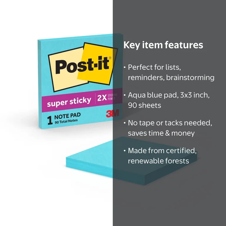 Post-it Super Sticky Notes, 3 in x 3 in, Aqua Blue, 1 Pad | Walmart (US)