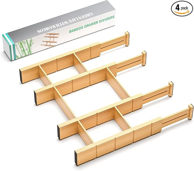 BAMEOS Drawer Dividers Bamboo Organizer 6 Extra Mini Inserts, Cutlery Organizer Adjustable Expand... | Amazon (US)