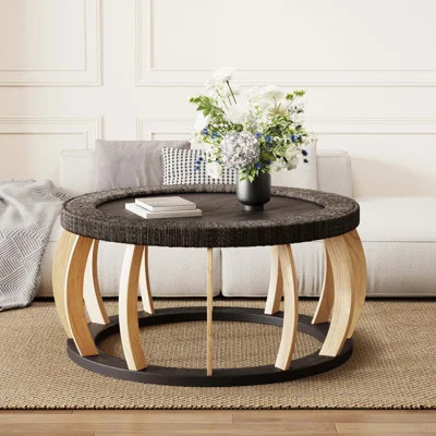 35.43" Vintage Rattan Solid Wood Round Coffee Table,Curved Legs Boho Accent Table For Dining Room | Wayfair North America