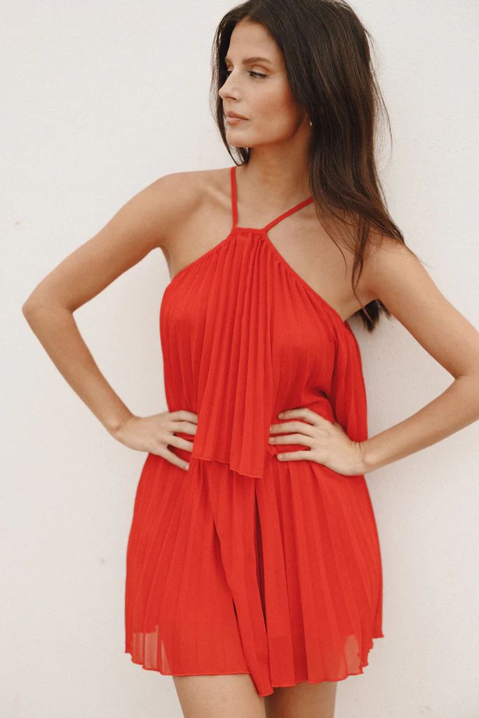 Gia Pleated Halterneck Mini Dress - Red | Petal & Pup (AU)