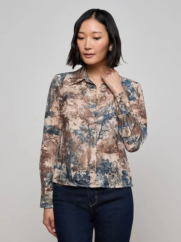 Maia Printed Lace Blouse in Tan Multi Western Toile | L'AGENCE | L'Agence