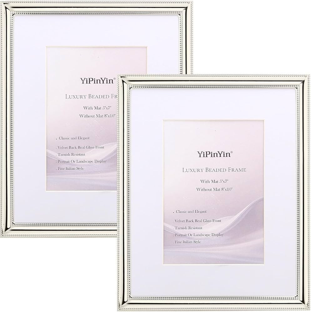 Classy Silver Plated 8x10''Photo Frame 2 pack,Classic Beaded Frame 8x10'' Mat 5x7'',Real glass fr... | Amazon (US)