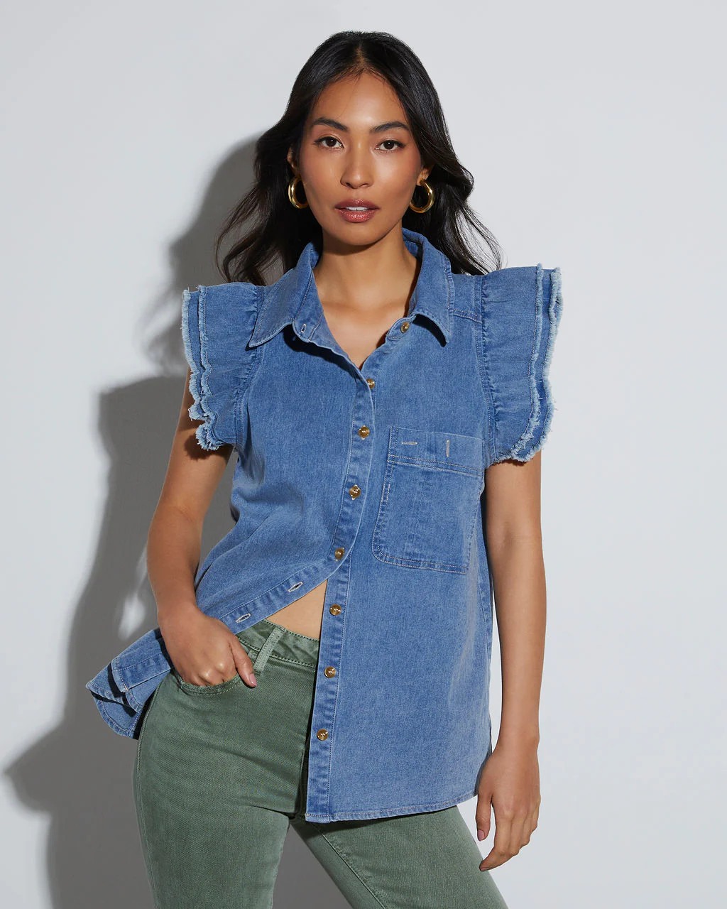 Drita Denim Frayed Ruffle Button Up Top | VICI