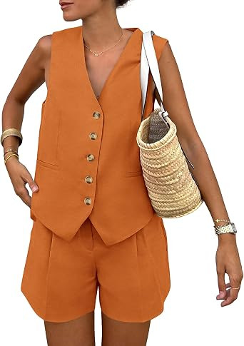 PRETTYGARDEN Women's Summer Two Piece Outfits Sets | Sleeveless V Neck,Vest Tops,Button Down Wais... | Amazon (US)