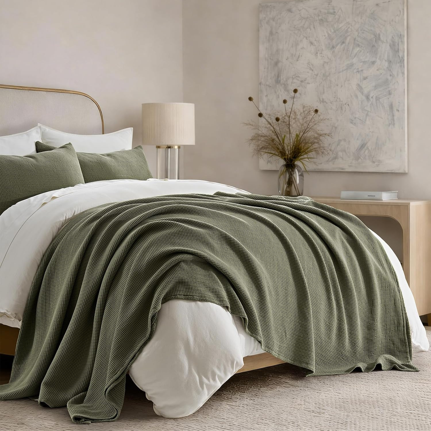 100% Cotton Waffle Bed Blanket, King Size, Olive Green | Amazon (US)